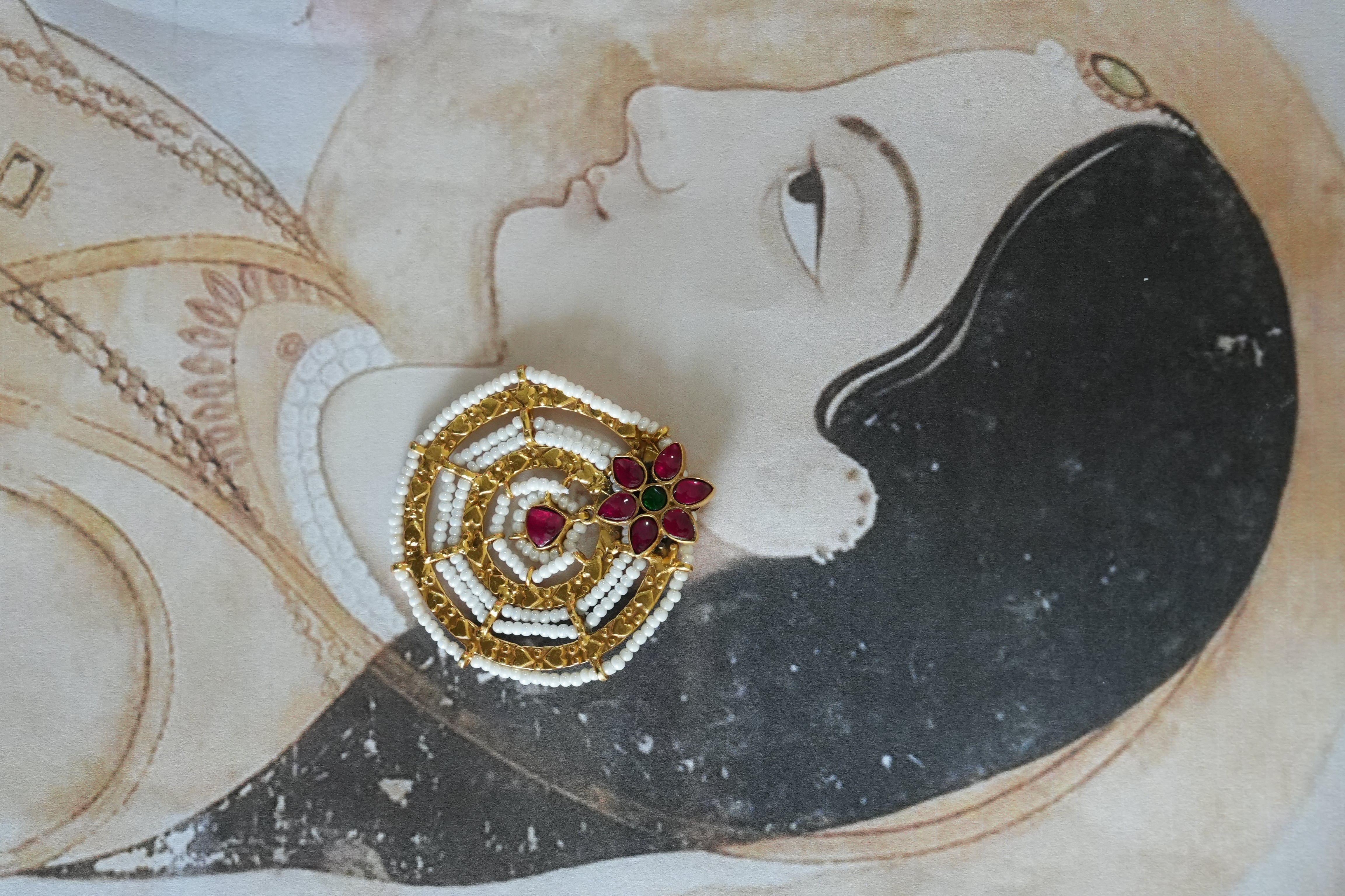 Floral Studded Silver Earring with Pearl Work